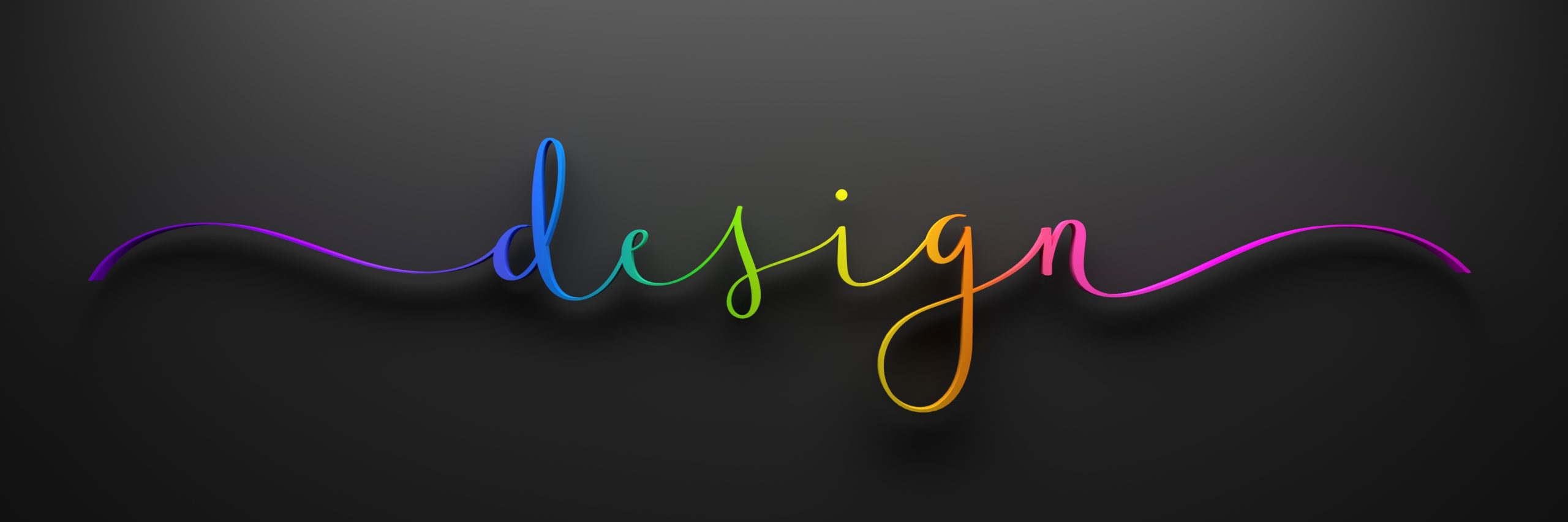 3D Render of rainbow-colored DESIGN brush calligraphy on dark background